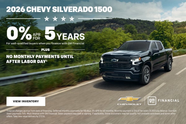 2026 Chevy Silverado 1500. 0% APR for 5 years for well qualified buyers when you finance with GM ...